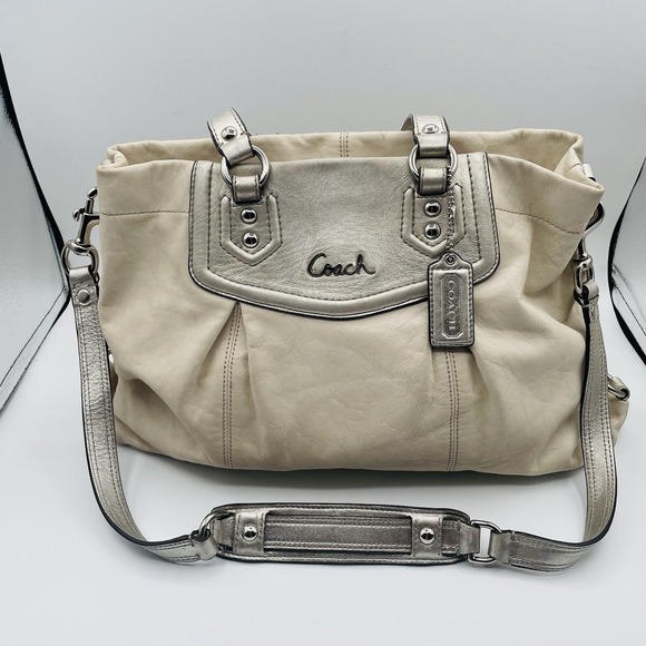 GUC Coach Ashley Shoulder Bag Purse Ivory/Silver Leather Carryall Large F19243 - Picture 1 of 13